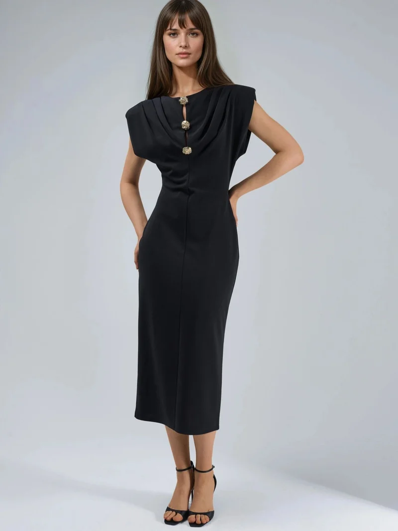 بوسيم BUSEM Slim Fit Midi Dress with Accessory Detail